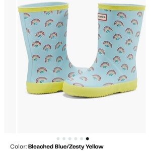 Hunter Bleached Blue & Zesty Yellow Kids Rain Boots with Rainbow Print Sz US 11